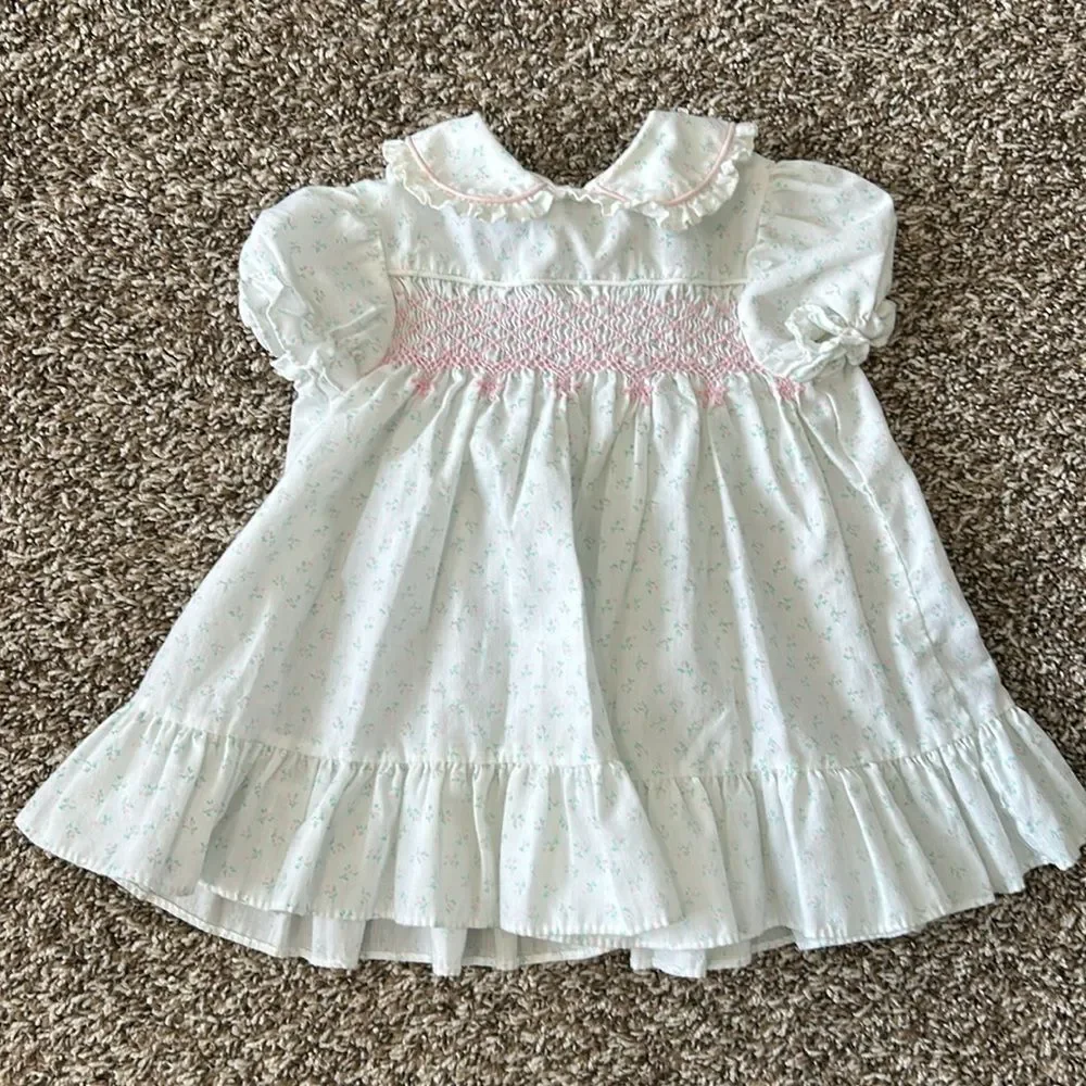 Vintage Polly Flinders Pink Green Formal Shortsleeve Floral Embroidered Dress